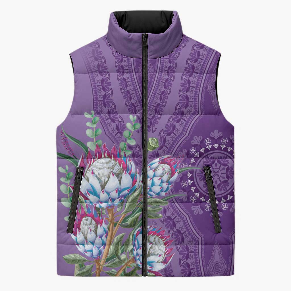 Africa King Proteas Dashiki Motif Sleeveless Puffer Jacket Violet Style