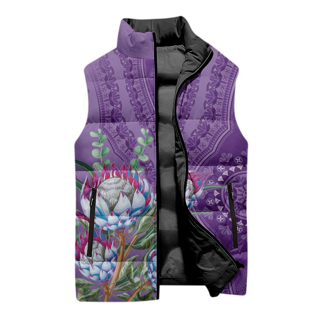 Africa King Proteas Dashiki Motif Sleeveless Puffer Jacket Violet Style