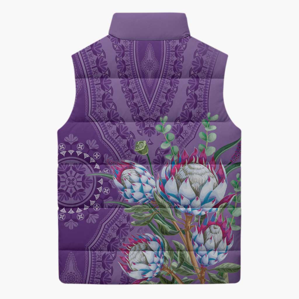 Africa King Proteas Dashiki Motif Sleeveless Puffer Jacket Violet Style