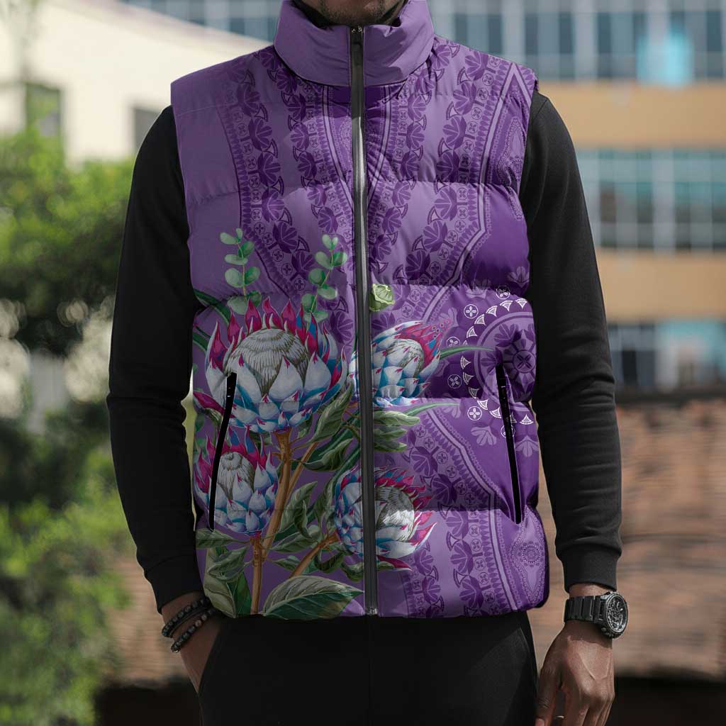 Africa King Proteas Dashiki Motif Sleeveless Puffer Jacket Violet Style