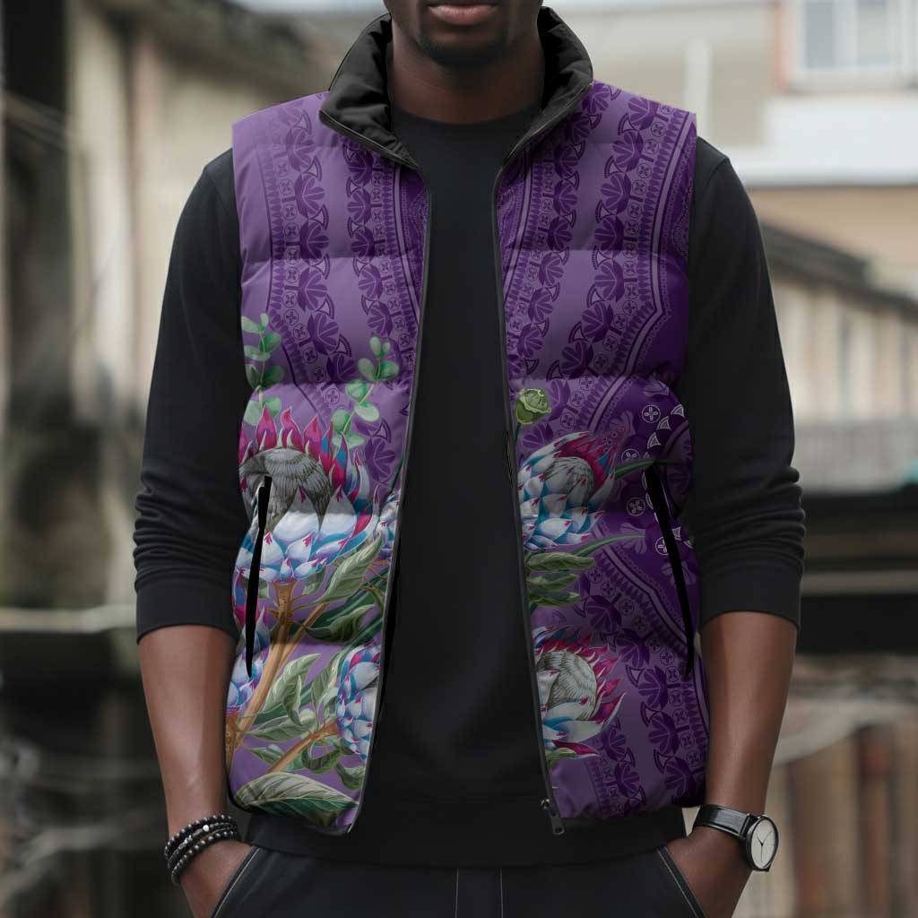 Africa King Proteas Dashiki Motif Sleeveless Puffer Jacket Violet Style