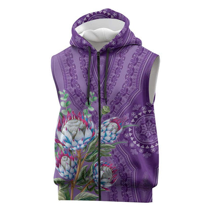 Afro King Proteas Dashiki Motif Sleeveless Zip Hoodie Violet Style - African Pride