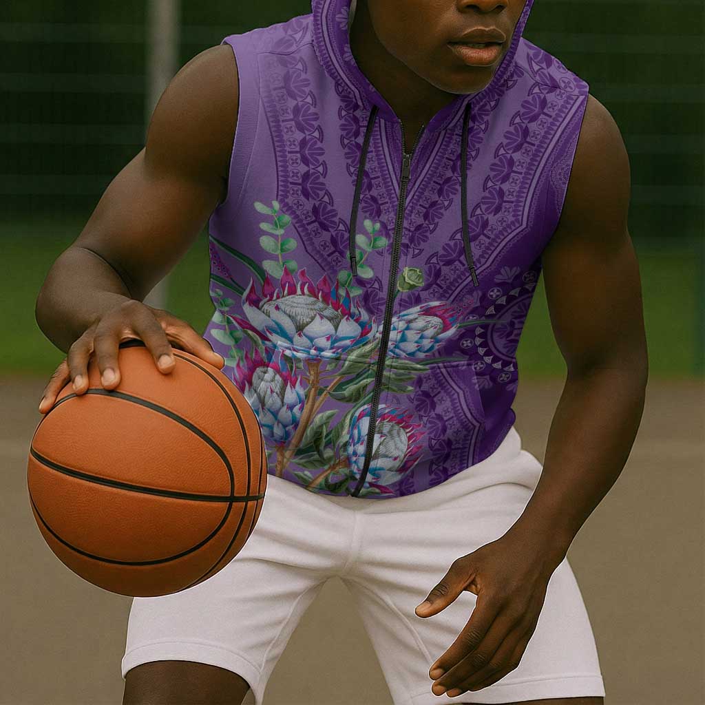 Afro King Proteas Dashiki Motif Sleeveless Zip Hoodie Violet Style - African Pride