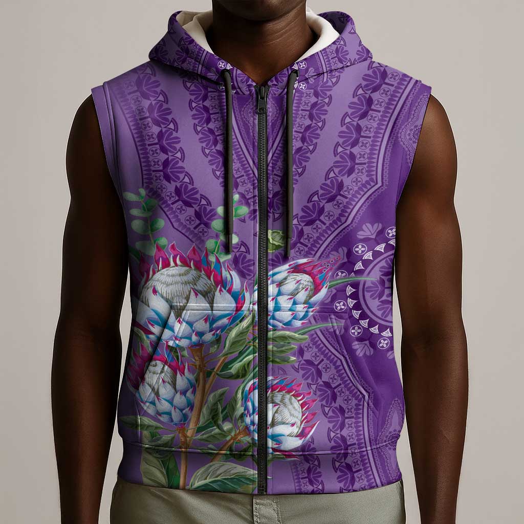 Afro King Proteas Dashiki Motif Sleeveless Zip Hoodie Violet Style - African Pride