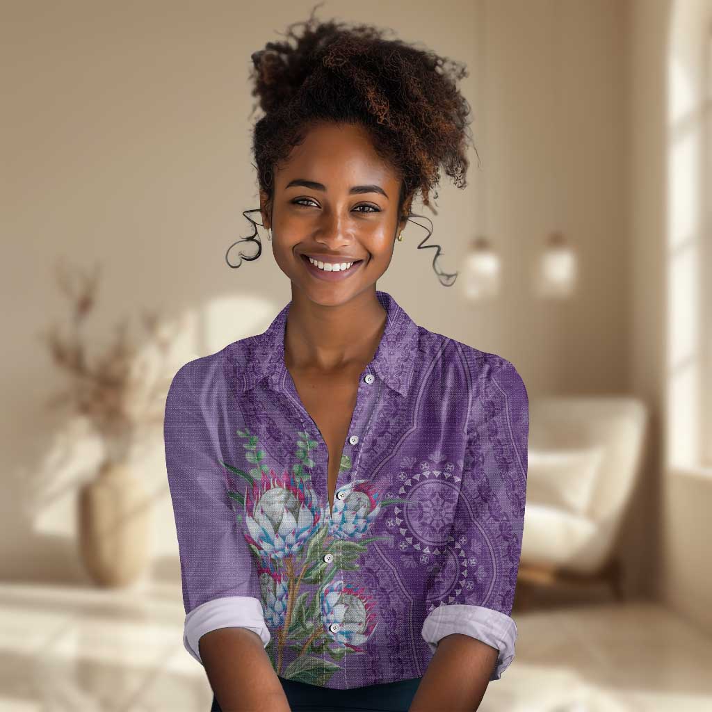 Afro King Proteas Dashiki Motif Women Casual Shirt Violet Style