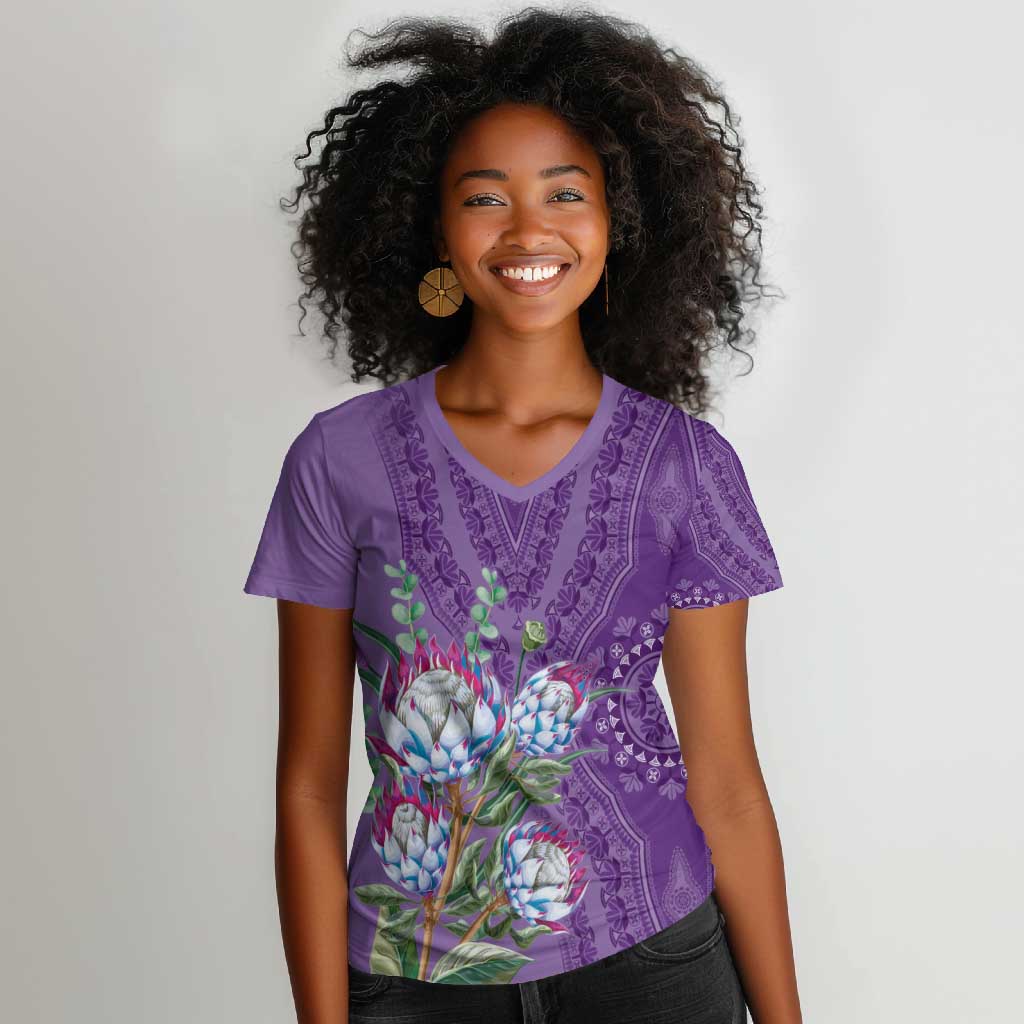 Afro King Proteas Dashiki Motif Women V-Neck T-Shirt Violet Style