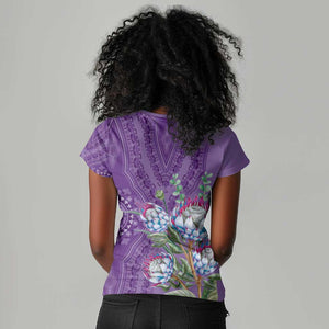 Afro King Proteas Dashiki Motif Women V-Neck T-Shirt Violet Style