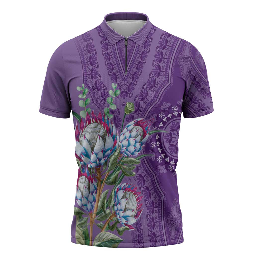 Africa King Proteas Dashiki Motif Zipper Polo Shirt Violet Style