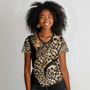 Afro Leopard Skin Pattern Women V-Neck T-Shirt Version 01