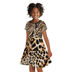 Afro Leopard Skin Pattern Kid Short Sleeve Dress Version 02