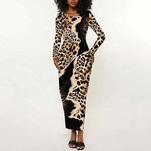 Afro Leopard Skin Pattern Long Sleeve Bodycon Dress Version 02