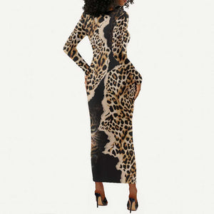 Afro Leopard Skin Pattern Long Sleeve Bodycon Dress Version 02