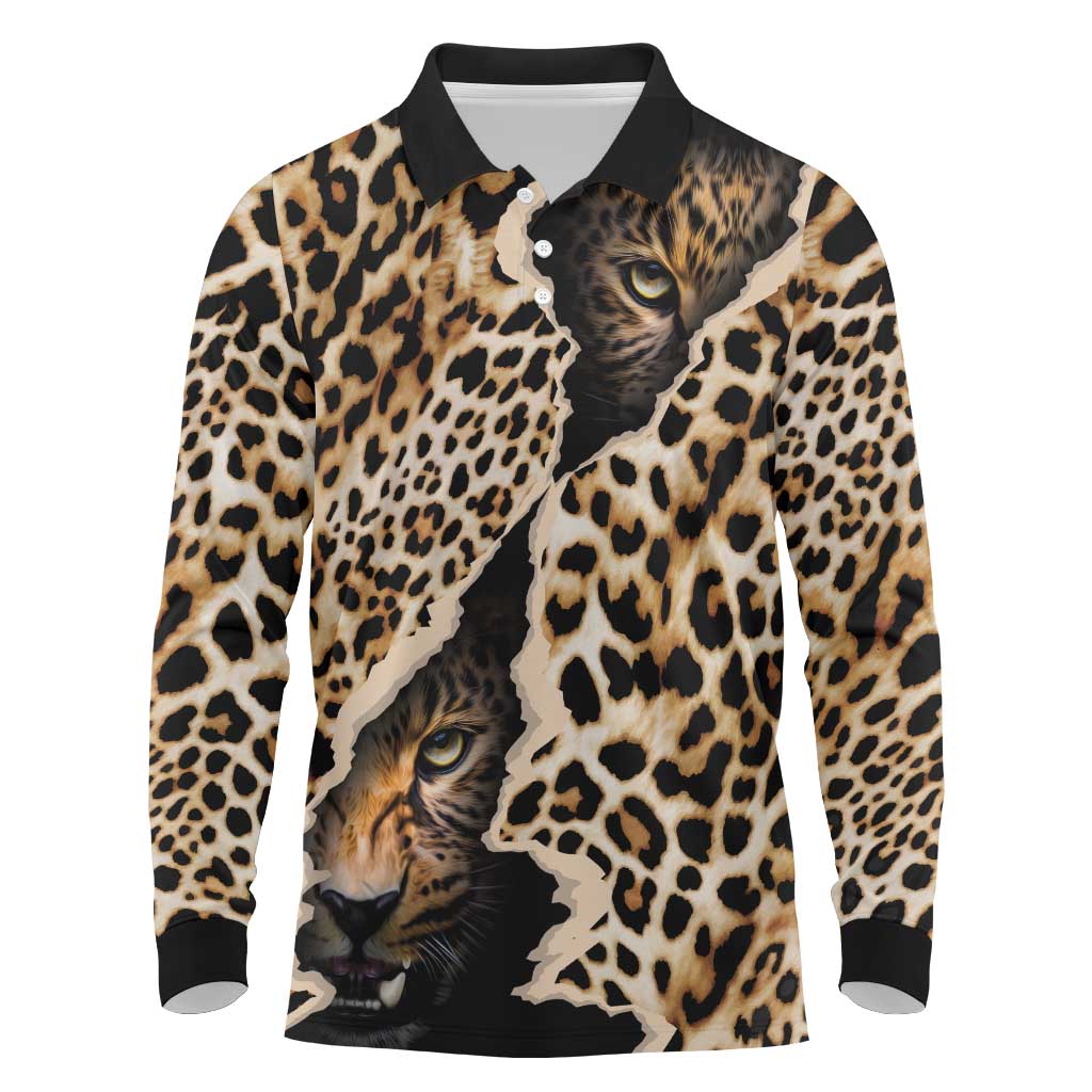 Afro Leopard Skin Pattern Long Sleeve Polo Shirt Version 02