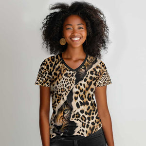 Afro Leopard Skin Pattern Women V-Neck T-Shirt Version 02