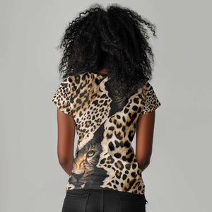 Afro Leopard Skin Pattern Women V-Neck T-Shirt Version 02