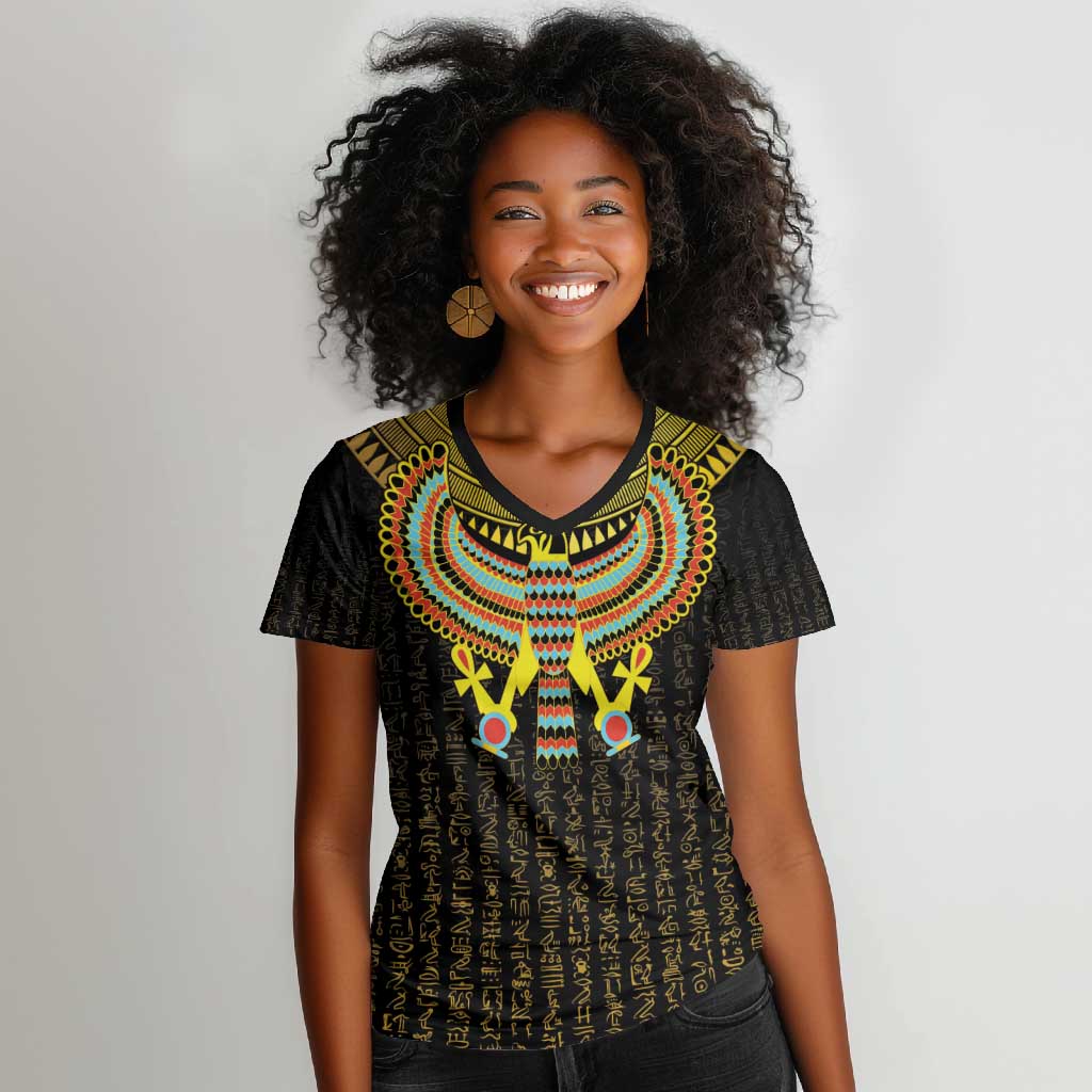 Ancient Egyptian Women V-Neck T-Shirt Symbol of Horus The Falcon God