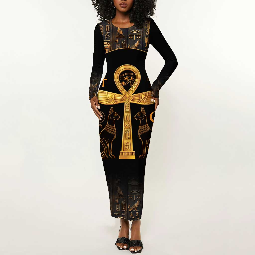 Ankh with Eye of Horus Long Sleeve Bodycon Dress Ancient Egypt Culture