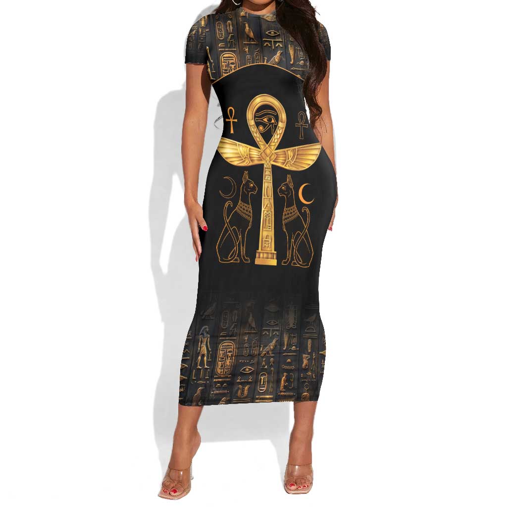 Ankh with Eye of Horus Short Sleeve Bodycon Dress Ancient Egypt Culture