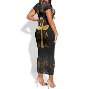 Ankh with Eye of Horus Short Sleeve Bodycon Dress Ancient Egypt Culture