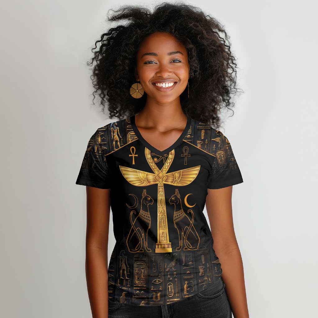 Ankh with Eye of Horus Women V-Neck T-Shirt Ancient Egypt Culture