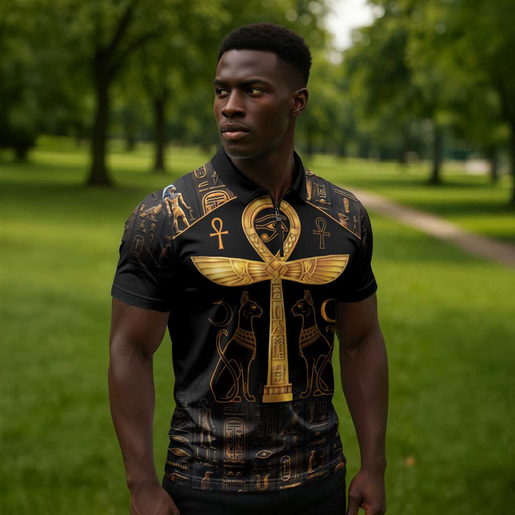 Ankh with Eye of Horus Zipper Polo Shirt Ancient Egypt Culture