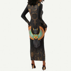 Winged Egypt Cats Long Sleeve Bodycon Dress Ancient Egypt Culture