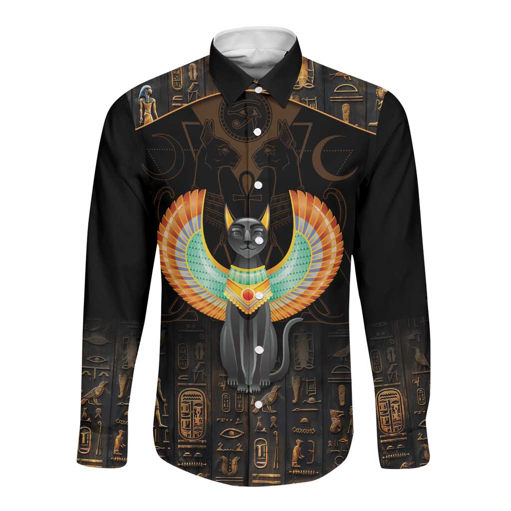 Winged Egypt Cats Long Sleeve Button Shirt Ancient Egypt Culture