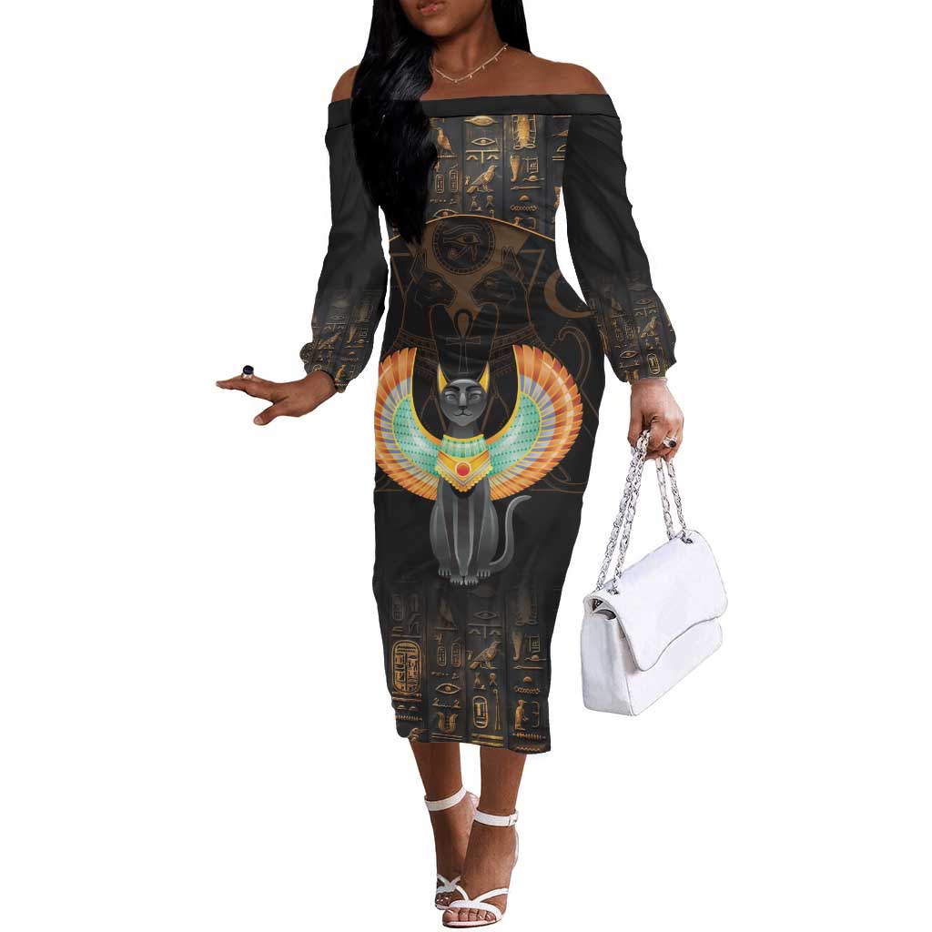 Winged Egypt Cats Off The Shoulder Long Sleeve Dress Ancient Egypt Culture