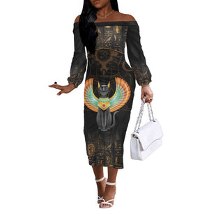 Winged Egypt Cats Off The Shoulder Long Sleeve Dress Ancient Egypt Culture