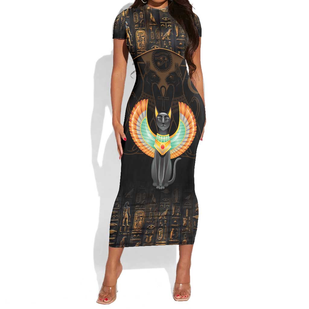 Winged Egypt Cats Short Sleeve Bodycon Dress Ancient Egypt Culture