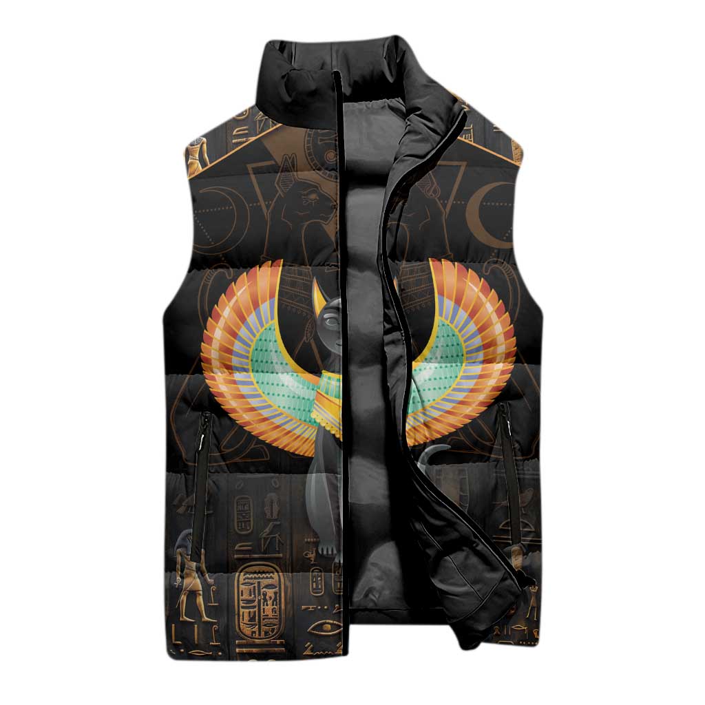 Winged Egypt Cats Sleeveless Puffer Jacket Ancient Egypt Culture