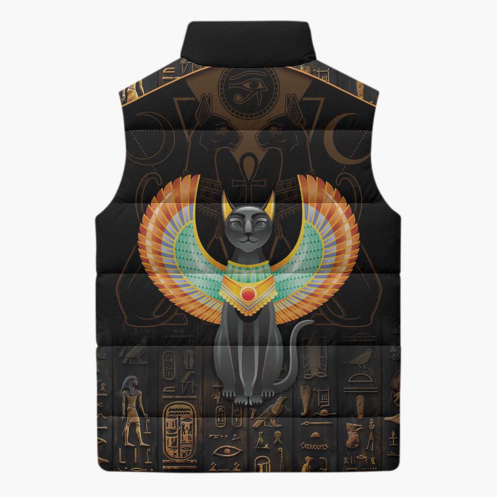 Winged Egypt Cats Sleeveless Puffer Jacket Ancient Egypt Culture