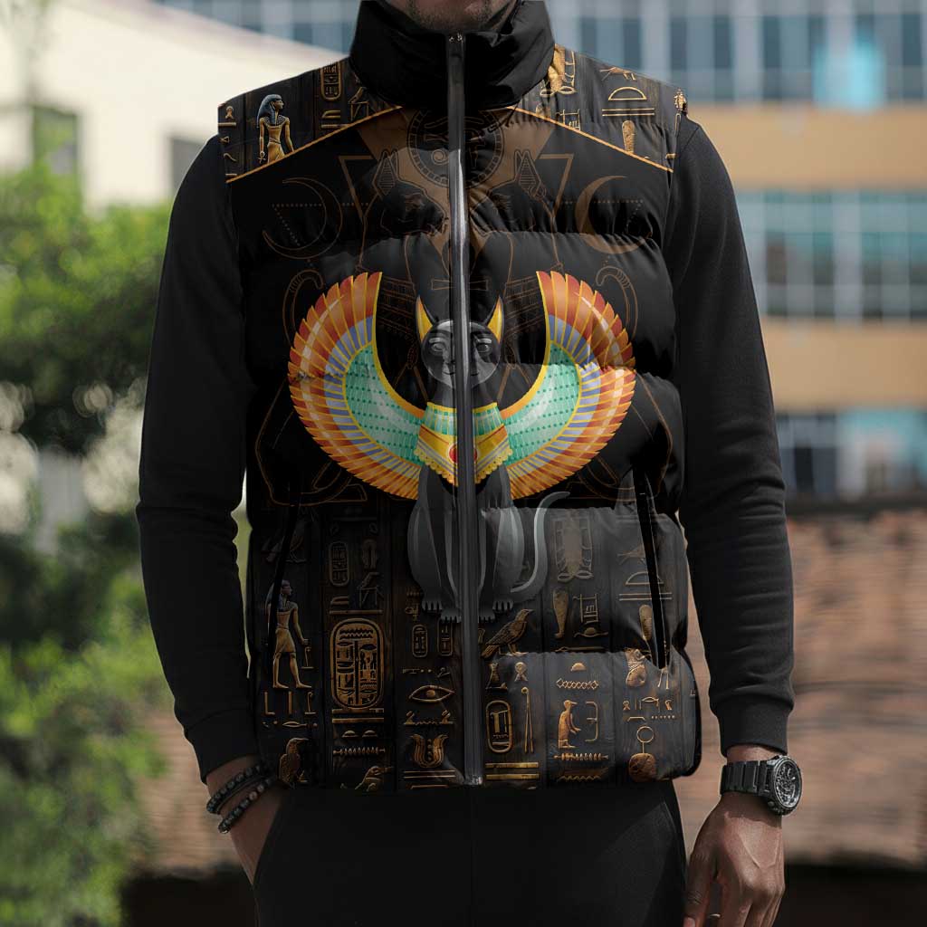 Winged Egypt Cats Sleeveless Puffer Jacket Ancient Egypt Culture