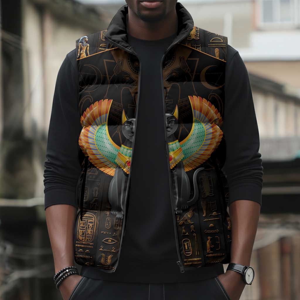 Winged Egypt Cats Sleeveless Puffer Jacket Ancient Egypt Culture