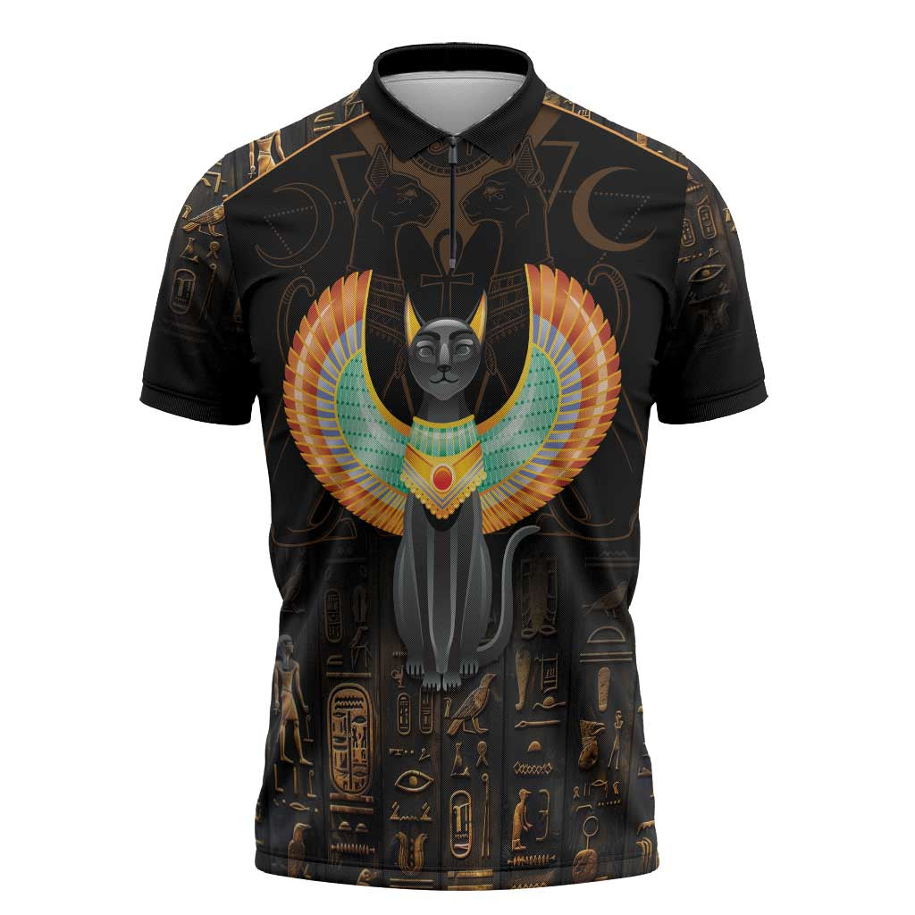 Winged Egypt Cats Zipper Polo Shirt Ancient Egypt Culture