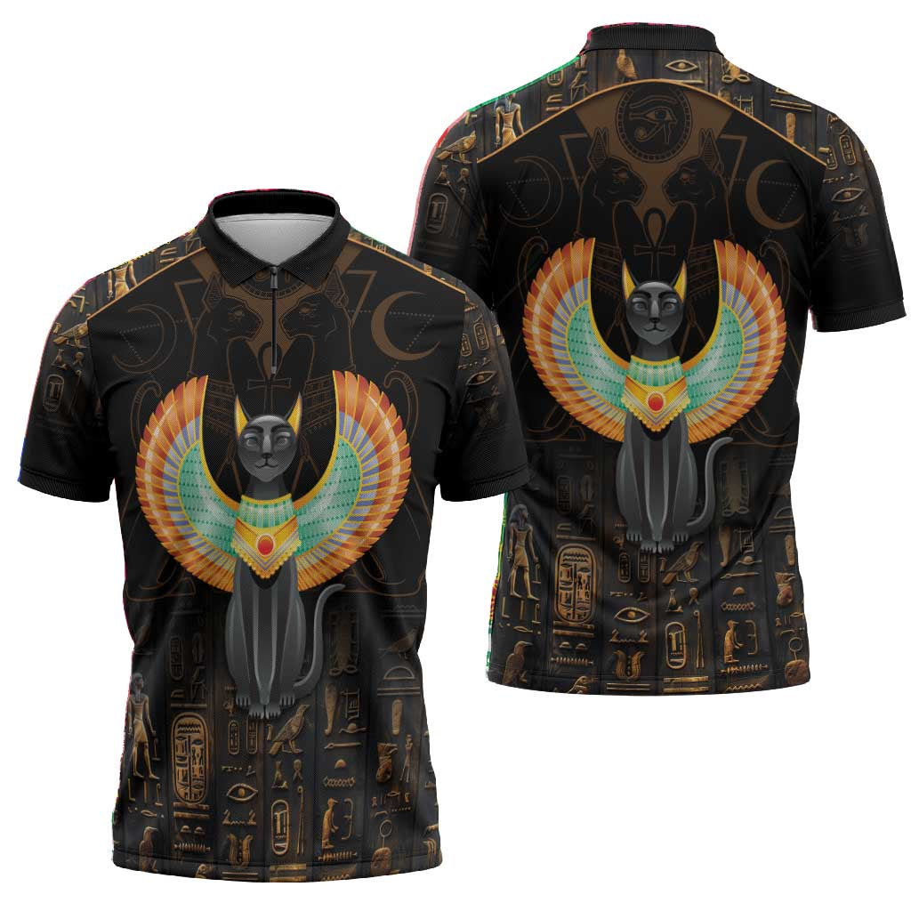 Winged Egypt Cats Zipper Polo Shirt Ancient Egypt Culture