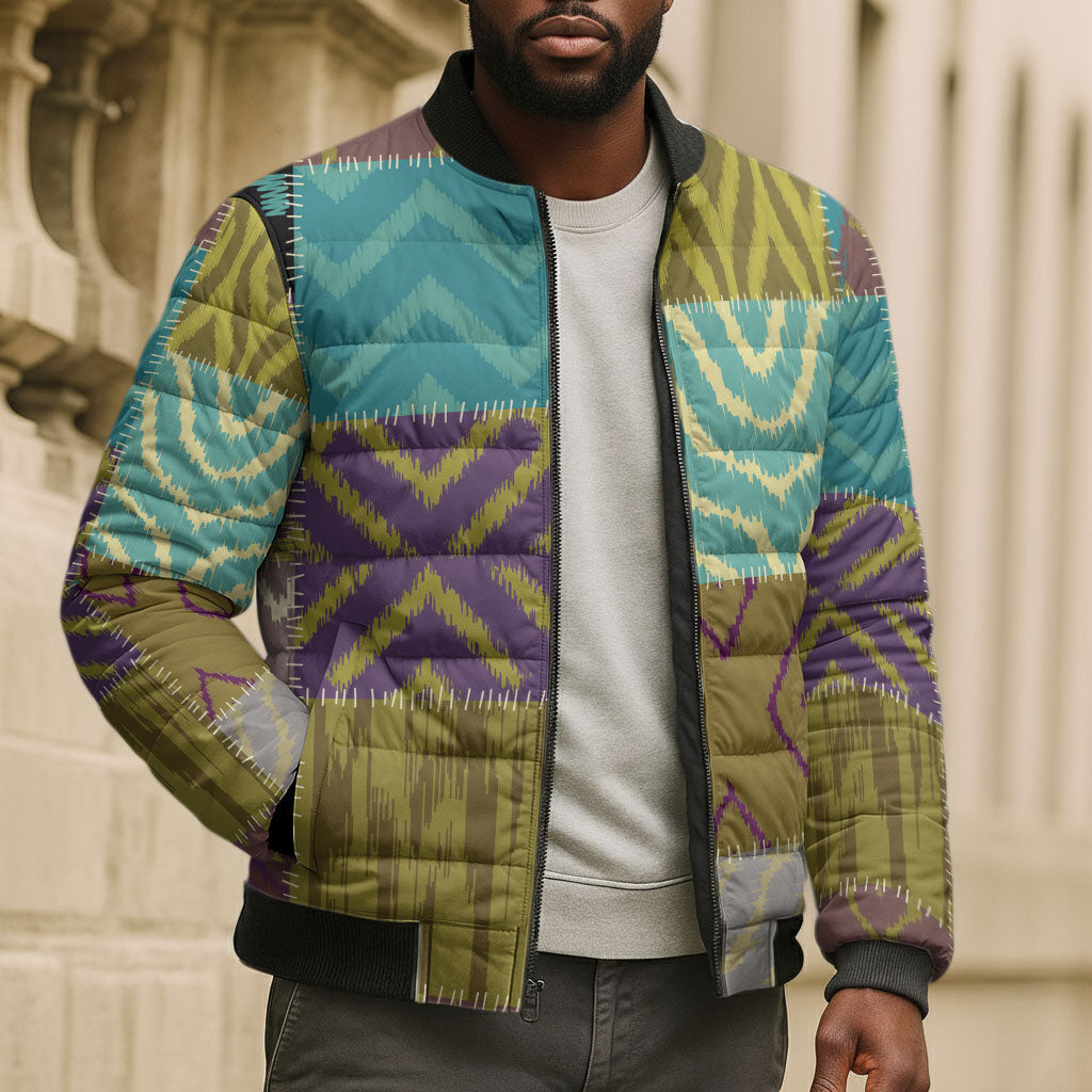 African American Quilt Inspired Bomber Puffer Jacket Cultural Heritage Ethnic Quilt Pattern