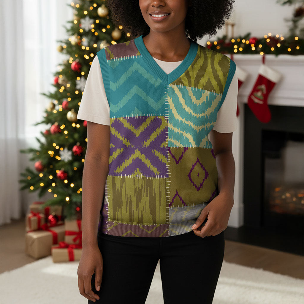 African American Quilt Inspired Christmas Knitted V-Neck Vest Cultural Heritage Ethnic Quilt Pattern