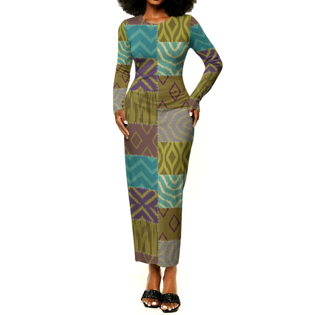 African American Quilt Inspired Long Sleeve Bodycon Dress Cultural Heritage Ethnic Quilt Pattern