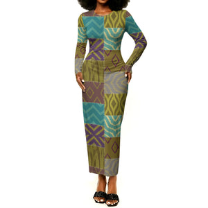African American Quilt Inspired Long Sleeve Bodycon Dress Cultural Heritage Ethnic Quilt Pattern