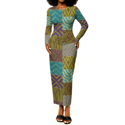 African American Quilt Inspired Long Sleeve Bodycon Dress Cultural Heritage Ethnic Quilt Pattern
