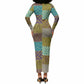 African American Quilt Inspired Long Sleeve Bodycon Dress Cultural Heritage Ethnic Quilt Pattern