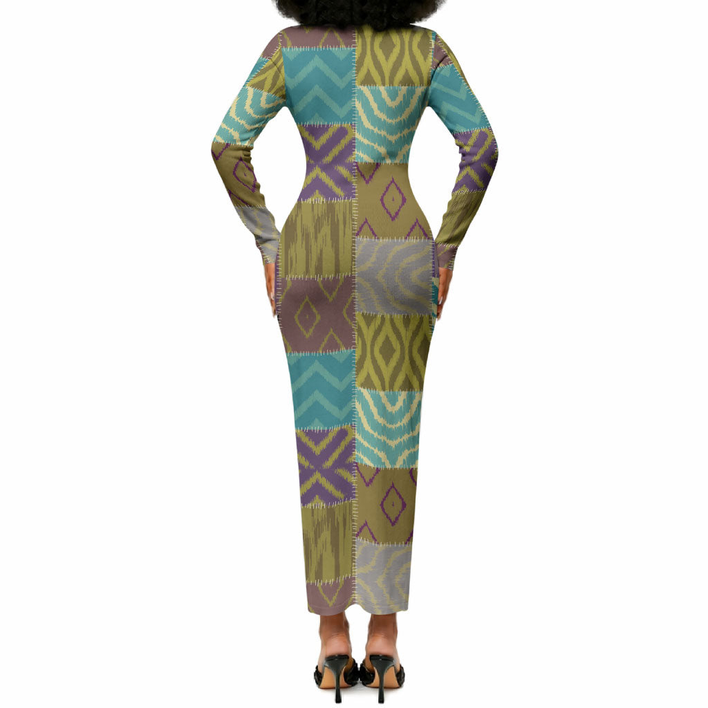 African American Quilt Inspired Long Sleeve Bodycon Dress Cultural Heritage Ethnic Quilt Pattern