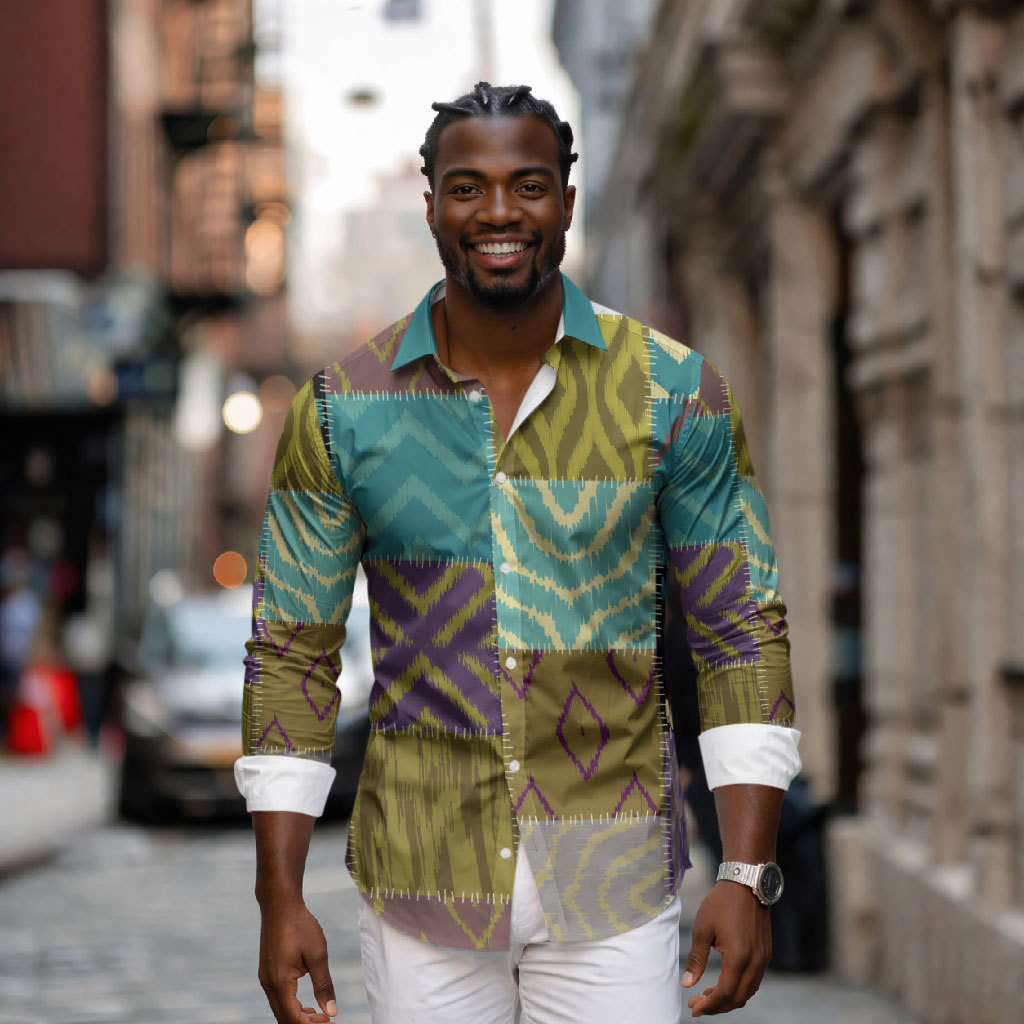 African American Quilt Inspired Long Sleeve Button Shirt Cultural Heritage Ethnic Quilt Pattern