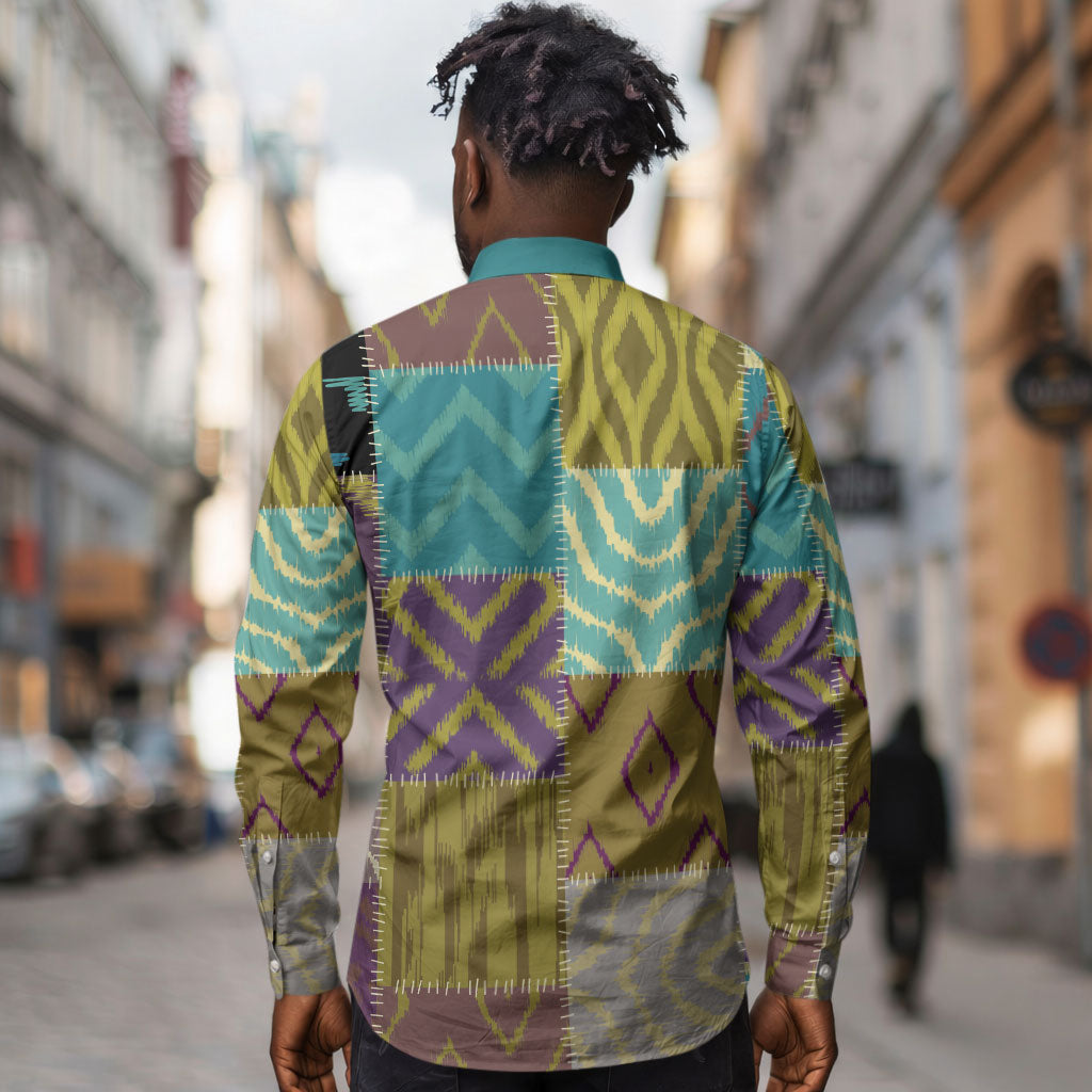 African American Quilt Inspired Long Sleeve Button Shirt Cultural Heritage Ethnic Quilt Pattern