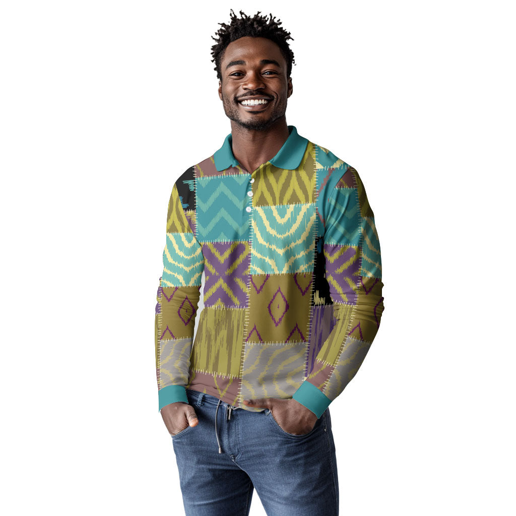 African American Quilt Inspired Long Sleeve Polo Shirt Cultural Heritage Ethnic Quilt Pattern