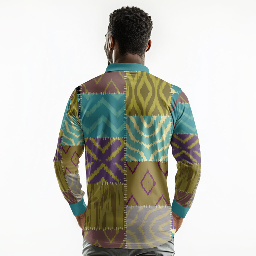 African American Quilt Inspired Long Sleeve Polo Shirt Cultural Heritage Ethnic Quilt Pattern