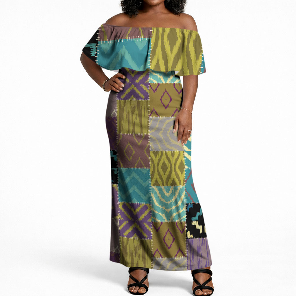 African American Quilt Inspired Off Shoulder Maxi Dress Cultural Heritage Ethnic Quilt Pattern