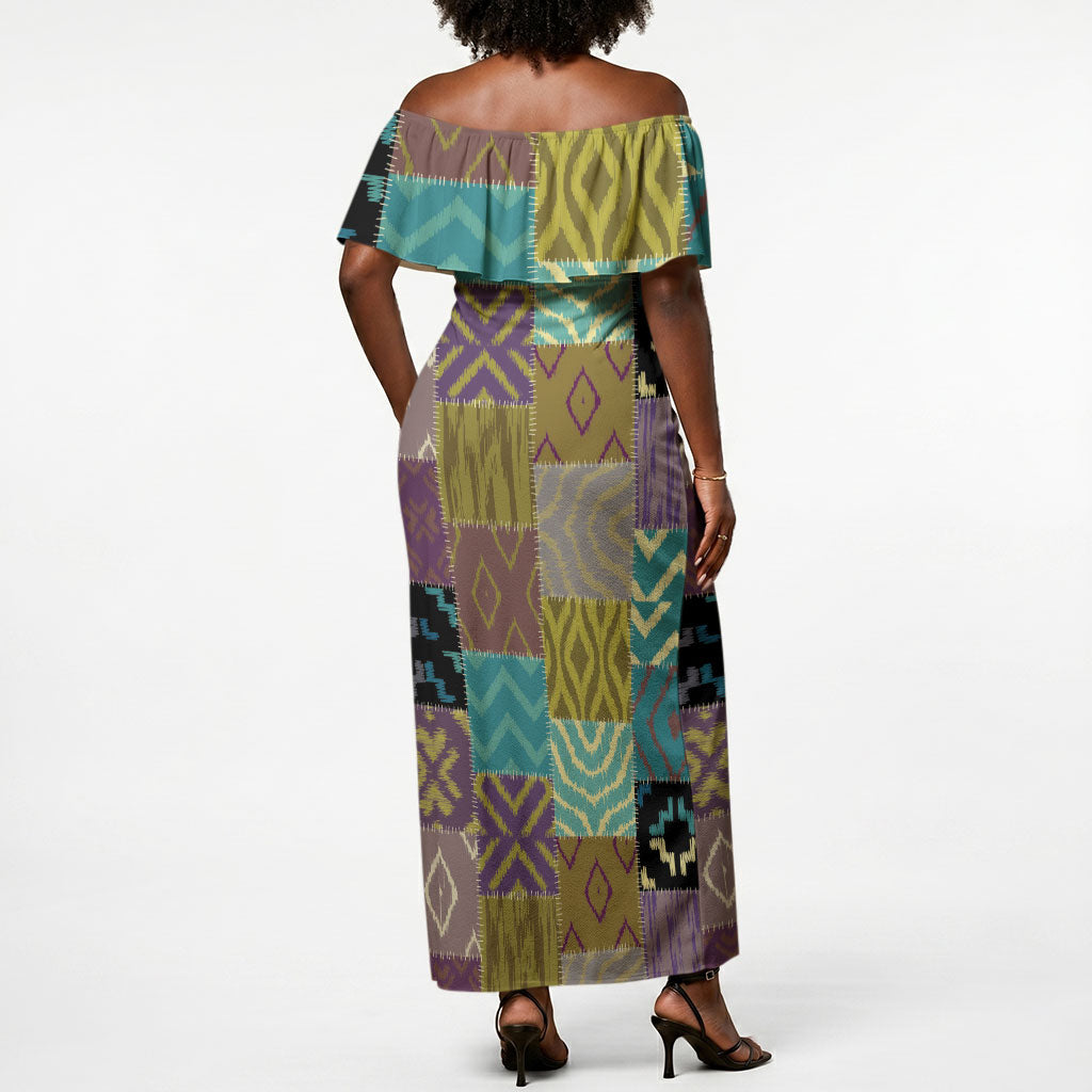 African American Quilt Inspired Off Shoulder Maxi Dress Cultural Heritage Ethnic Quilt Pattern