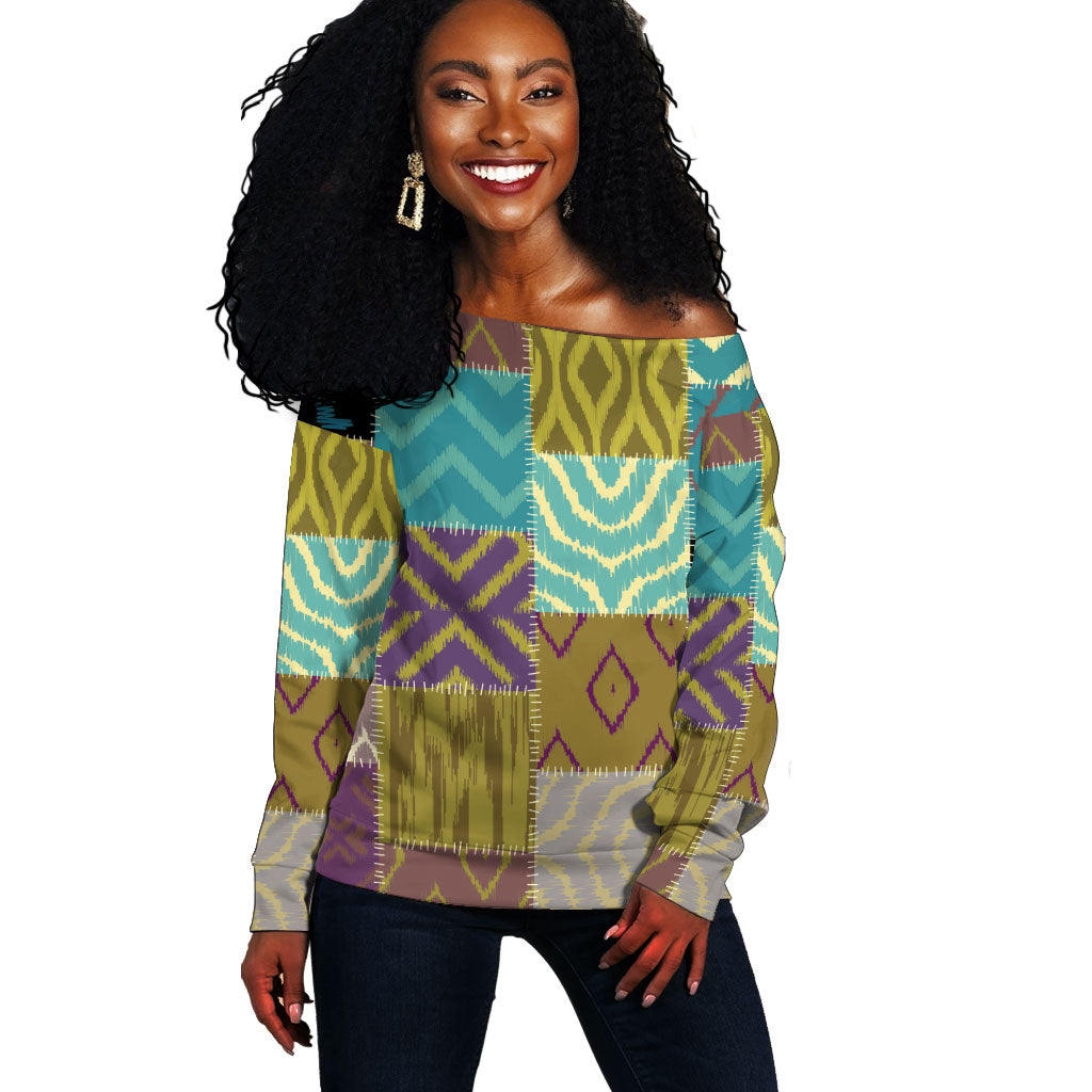 African American Quilt Inspired Off Shoulder Sweater Cultural Heritage Ethnic Quilt Pattern